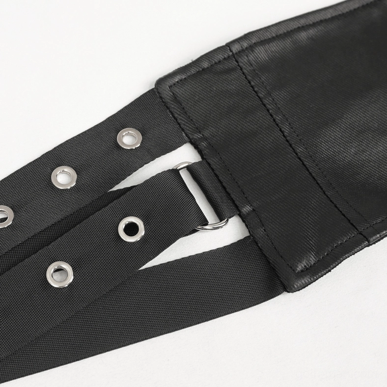 Hardware close-up detail of gothic waist belt showing metal eyelets and adjustable strap buckle system