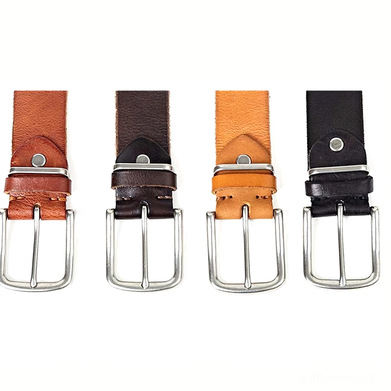 Four-color genuine leather gothic belt assortment showing black, coffee, brown, and yellow options with silver buckles