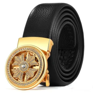 Black leather belt featuring gold rhinestone-carved automatic buckle, authentic gothic style statement piece