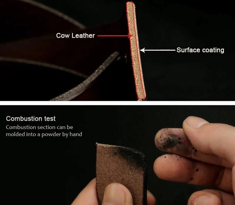 Premium PU leather material demonstration - close-up hand-held view showing texture and quality