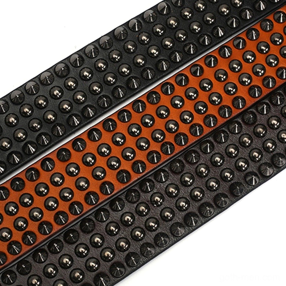 Gothic studded leather belt texture detail showing genuine cowskin and rivet placement