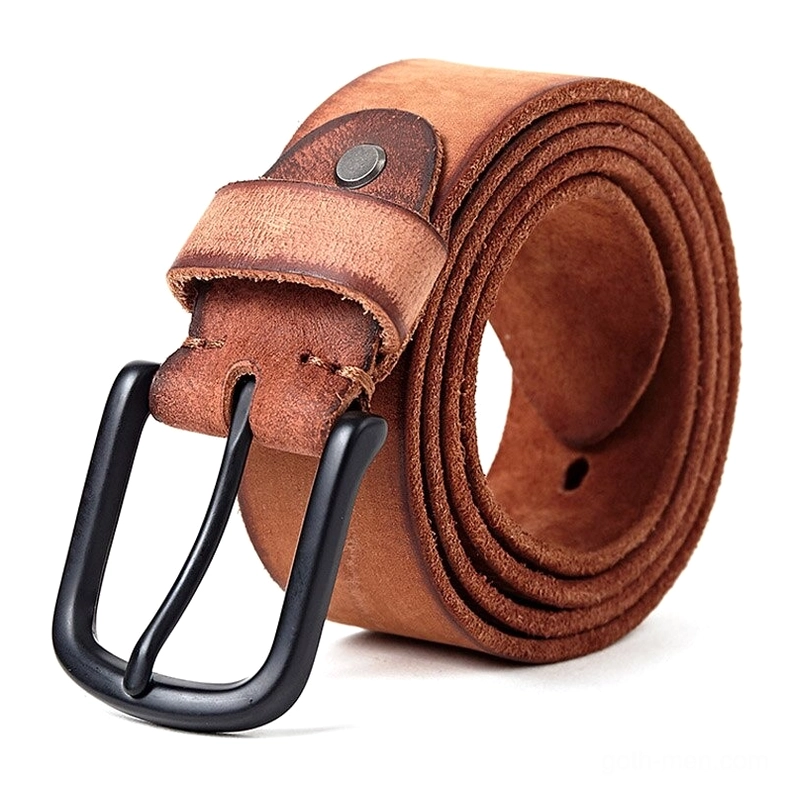 Red-brown reddish brown distressed leather gothic belt with matte black hardware rolled
