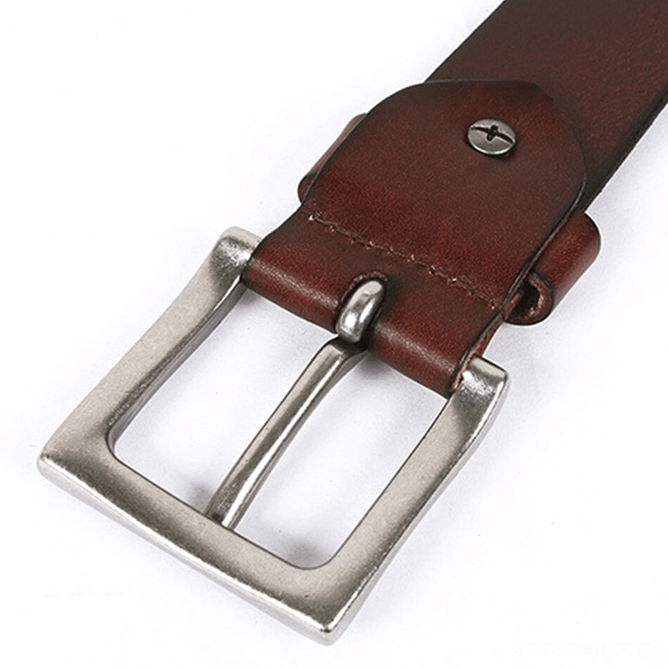 Side profile view of gothic leather belt showing silver pin buckle and strap detail