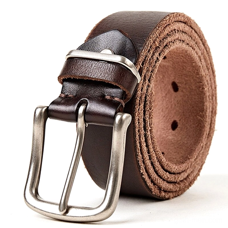 Dark brown leather gothic belt side profile showing silver pin buckle and exposed inner leather texture