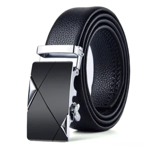 Black genuine leather gothic belt with silver geometric pin buckle, front oblique view on white background