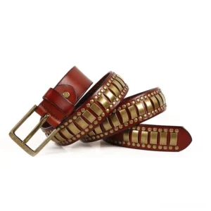 Wine red burgundy leather gothic belt with bronze rectangular and round rivets, alternative fashion style