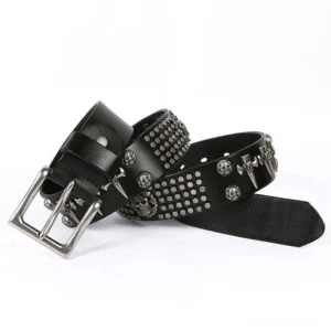 Two black leather gothic belts with skull and studded embellishments showing different metal ornament styles