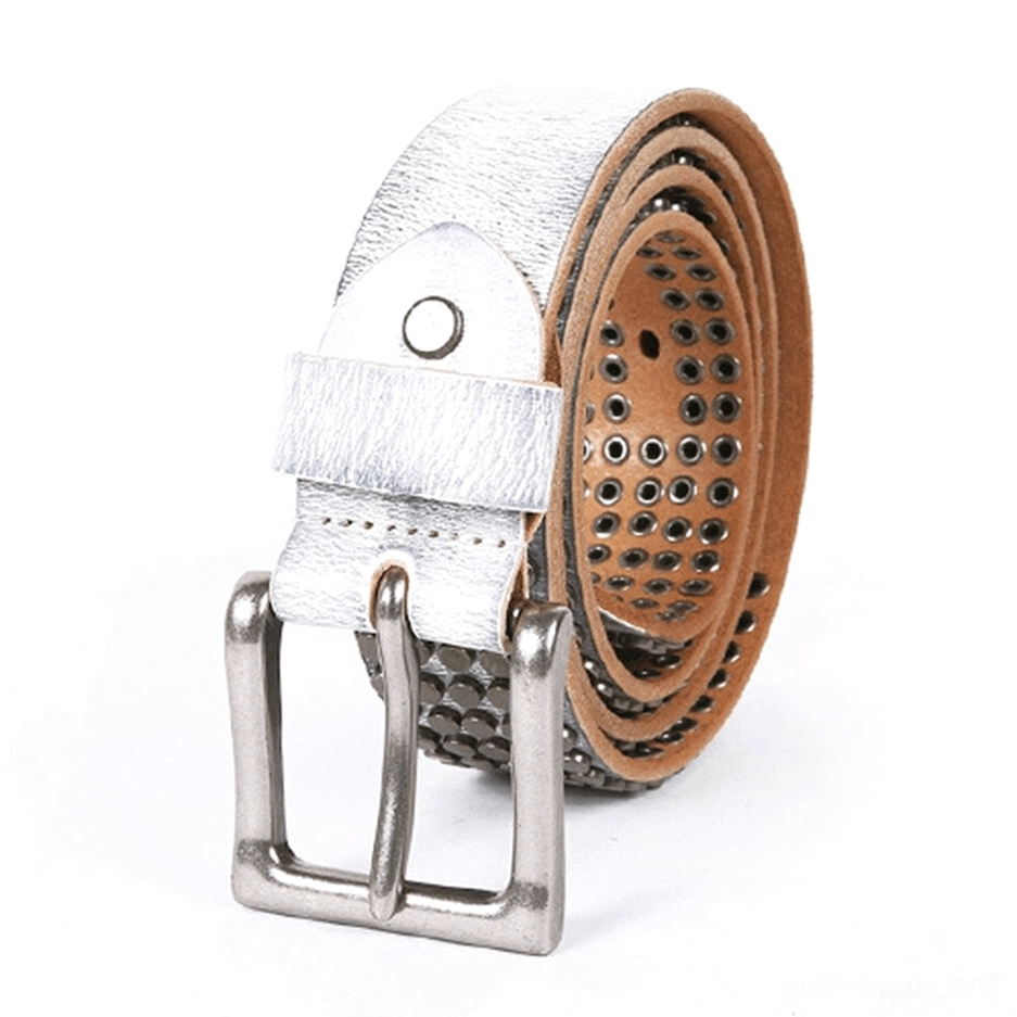 White and brown leather belts with matching silver buckles and decorative rivets comparison