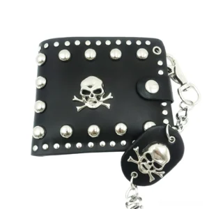 Bifold gothic wallet with full silver rivet trim and skull and crossbones emblem, front top-down view displaying closure snap