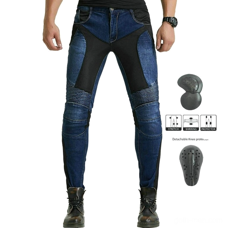 Gothic biker protection denim with blue-black color block and multiple detachable armor pads