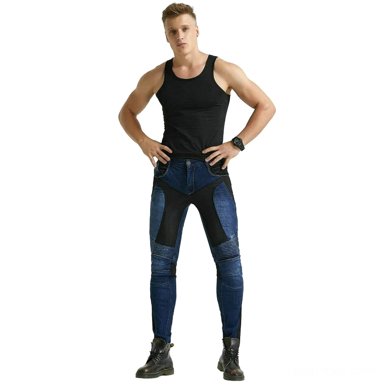 Reinforced motorcycle jeans showing protective armor integration and knee pleat design