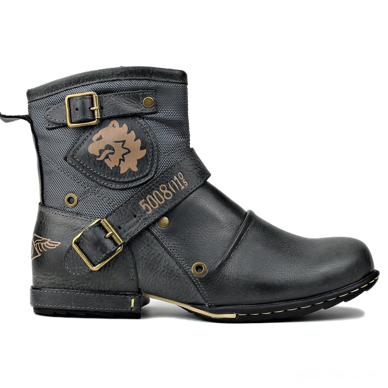 Gothic biker boots with antique brass buckles and embroidered wing logo, right three-quarter angle