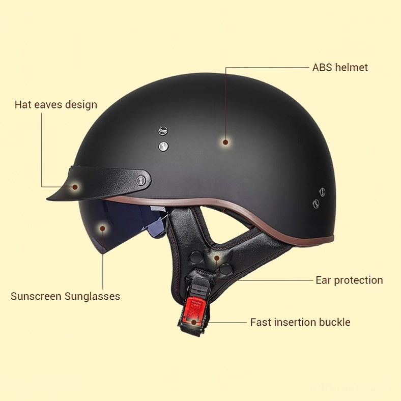 Annotated half-face biker helmet product showcase highlighting ABS shell, integrated sun visor, ear protection coverage, and red quick-release safety buckle