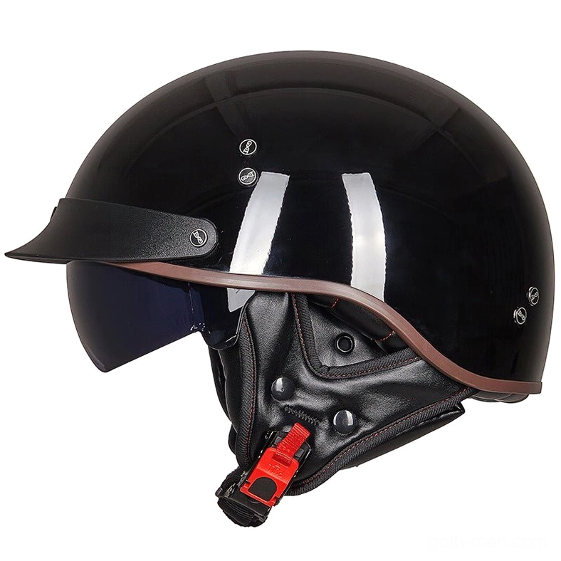 Black gothic half-face biker helmet front three-quarter view with integrated UV protection visor