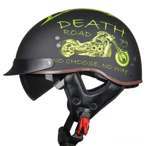 Death Road gothic half face biker helmet matte black with neon green motorcycle graphic front three-quarter view