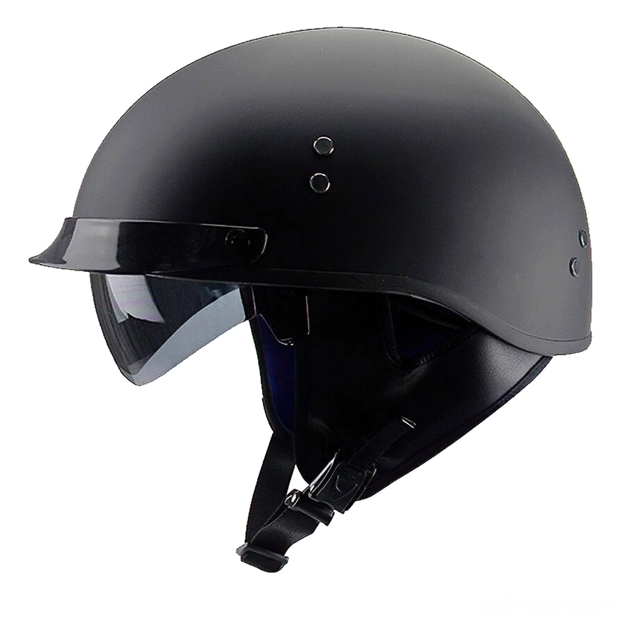 Matte black half-face gothic motorcycle helmet with metal rivets, integrated sun visor, and brown leather trim - front three-quarter view showing authentic biker aesthetic
