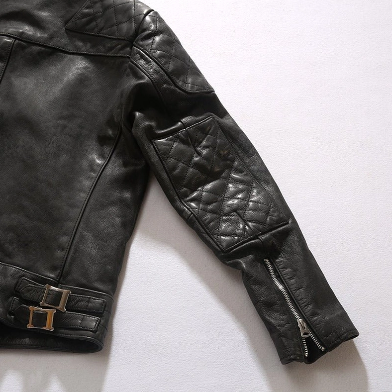Black leather gothic biker jacket full back view showing tailored fit and quilted elbow reinforcement