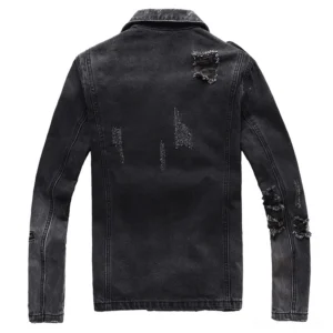 Black distressed denim biker jacket rear view showing slim fit and frayed details