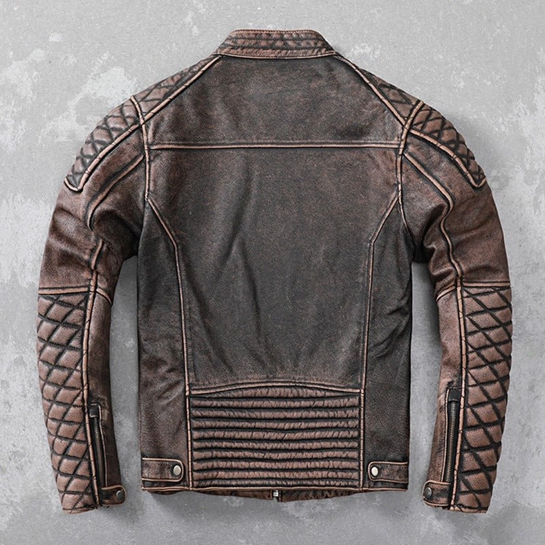 Back view of distressed brown leather biker jacket showing quilted shoulders, ribbed back waist and snap button hem