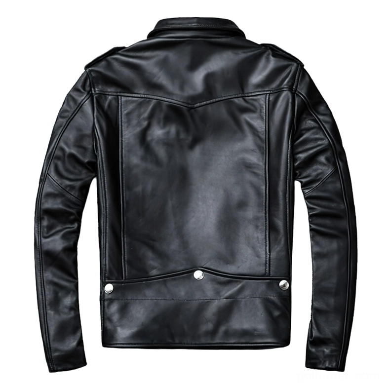 Rear view of black sheepskin leather biker jacket showing back panel seams and tailored construction