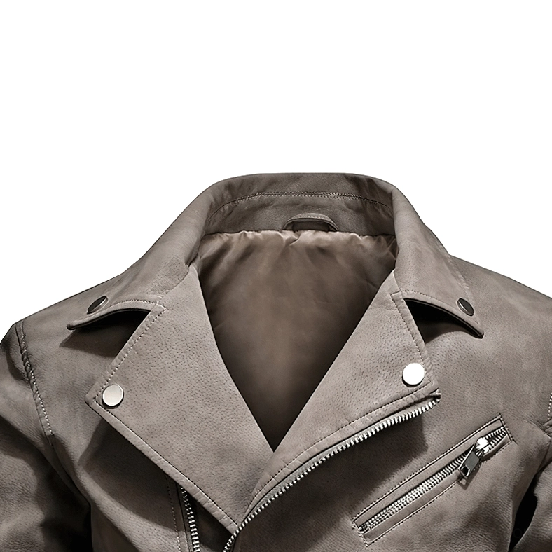 Back view of gothic biker jacket showing structural seaming and sleeve zipper placement