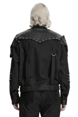 Black studded gothic biker jacket back view - D-rings and shoulder straps