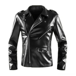 Black gothic biker faux leather jacket front flat lay with diagonal zipper details and notched lapel collar