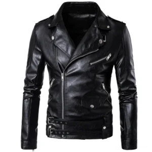 Black gothic moto biker jacket front view with asymmetrical zipper closure, turn-down collar, and adjustable waist straps