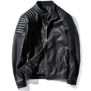Gothic slim-fit biker leather jacket front three-quarter view in black PU leather with quilted shoulders and metal zippers