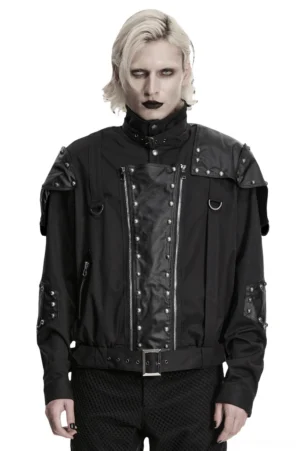 Black studded gothic biker jacket front view on model - stand collar and rivet detailing