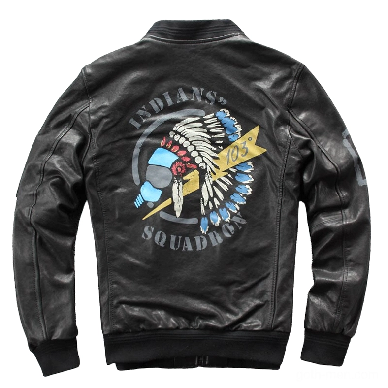 Black genuine leather biker jacket with Indian head squadron print back view