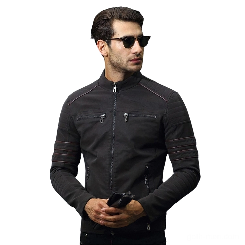 Male model wearing black PU leather gothic motorcycle jacket with stand collar and zipper accents
