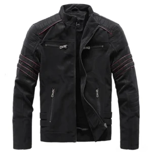 Black gothic biker PU leather jacket with red stripe trim and multiple zipper pockets, front flat lay view