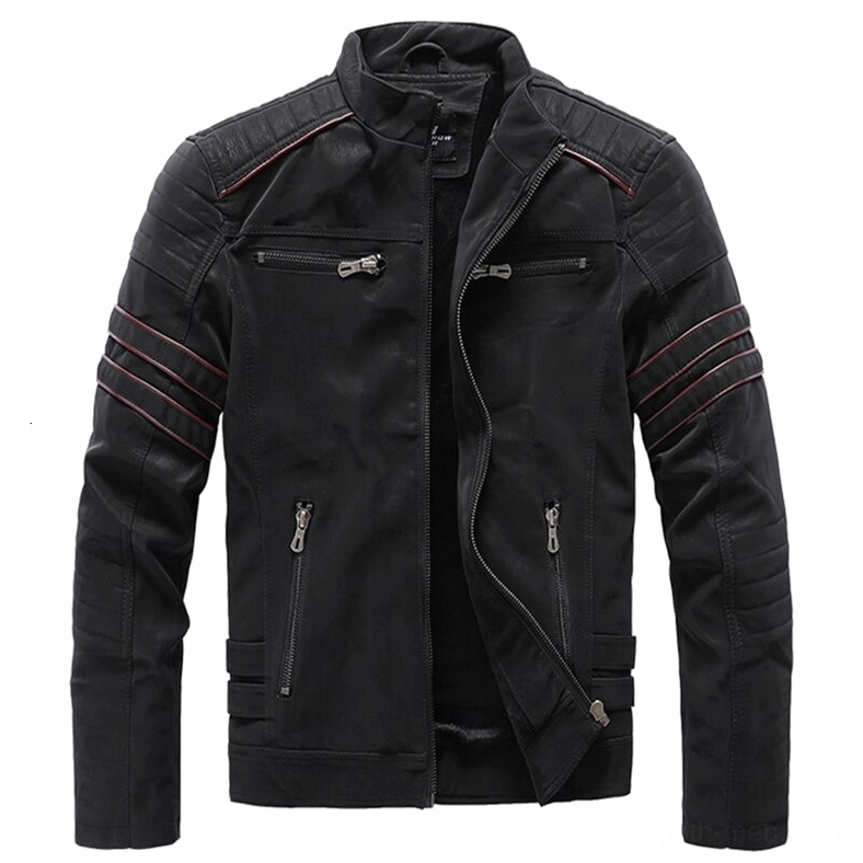 Black gothic biker PU leather jacket with red stripe trim and multiple zipper pockets, front flat lay view