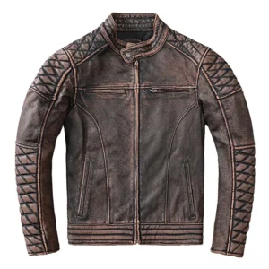 Distressed brown genuine leather biker jacket front flat lay view with quilted shoulders and industrial zipper hardware