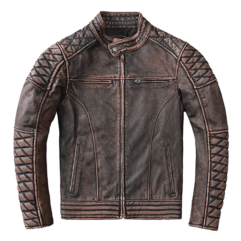 Distressed brown genuine leather biker jacket front flat lay view with quilted shoulders and industrial zipper hardware