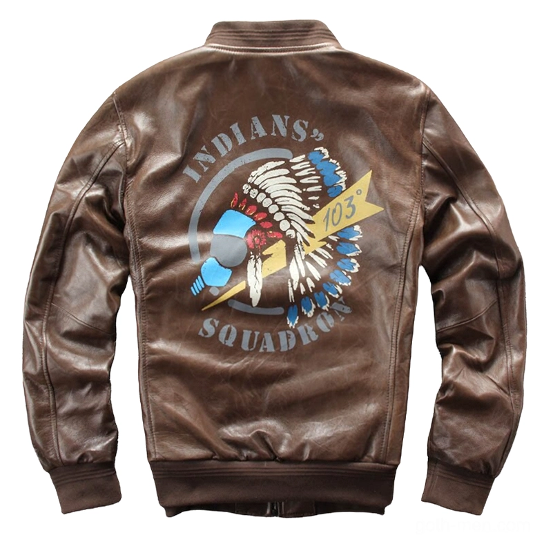 Brown genuine leather biker jacket with Indian head squadron print back view