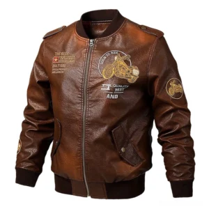 Born to Ride vintage brown faux leather biker jacket full front view, classic gothic motorcycle style jacket