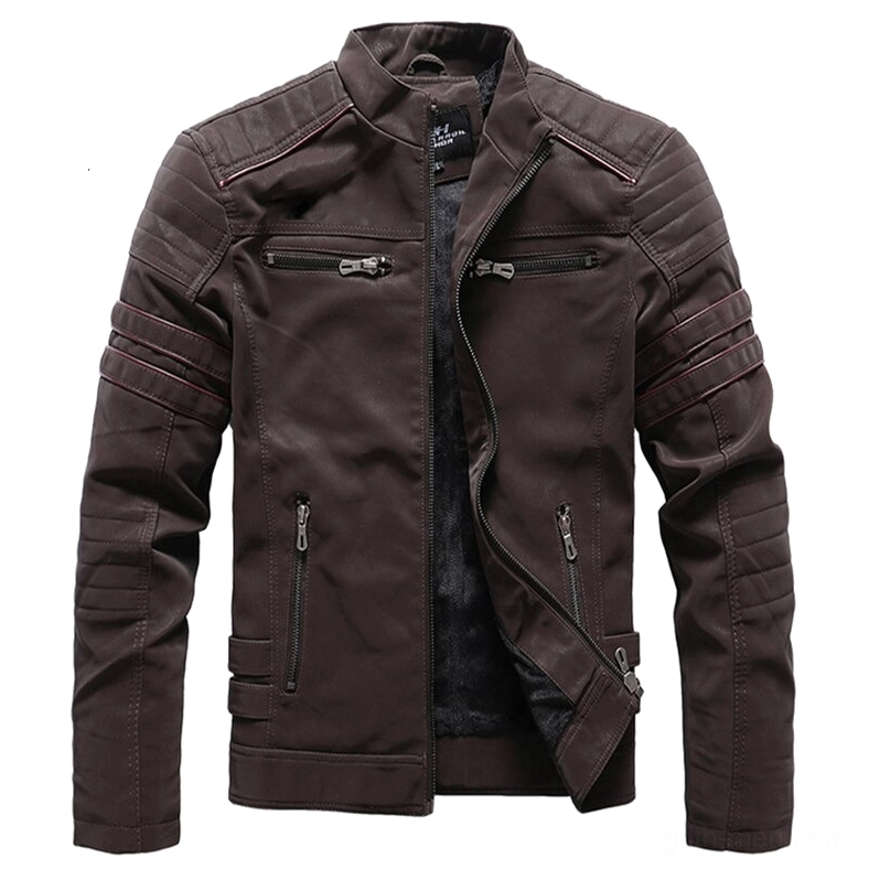Brown PU leather motorcycle jacket with fleece lining and multi-zipper pockets, front view flat lay