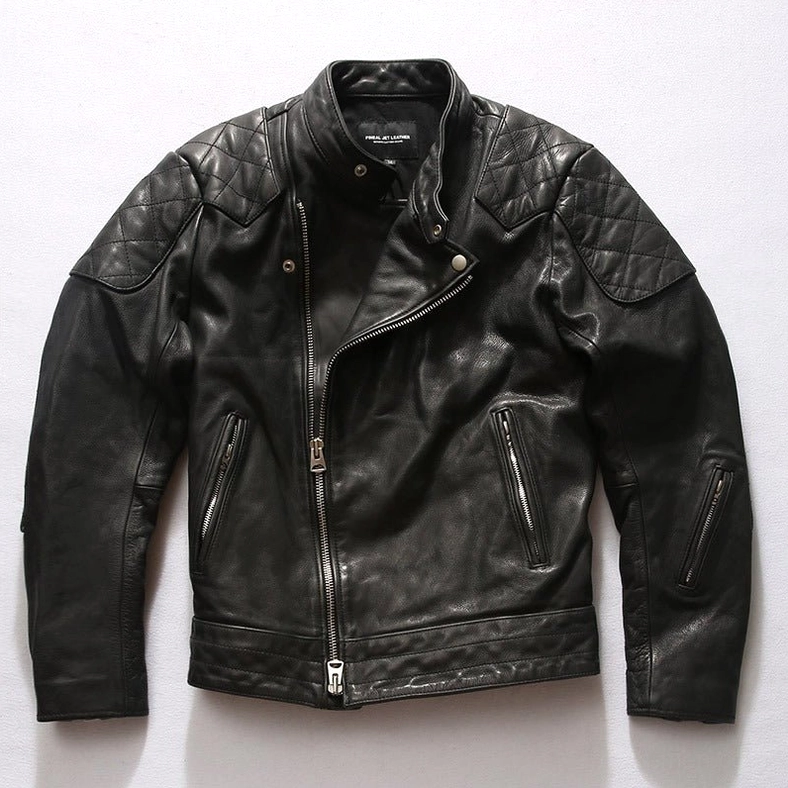 Black leather gothic biker jacket front detail showing stand collar and zippered side pockets