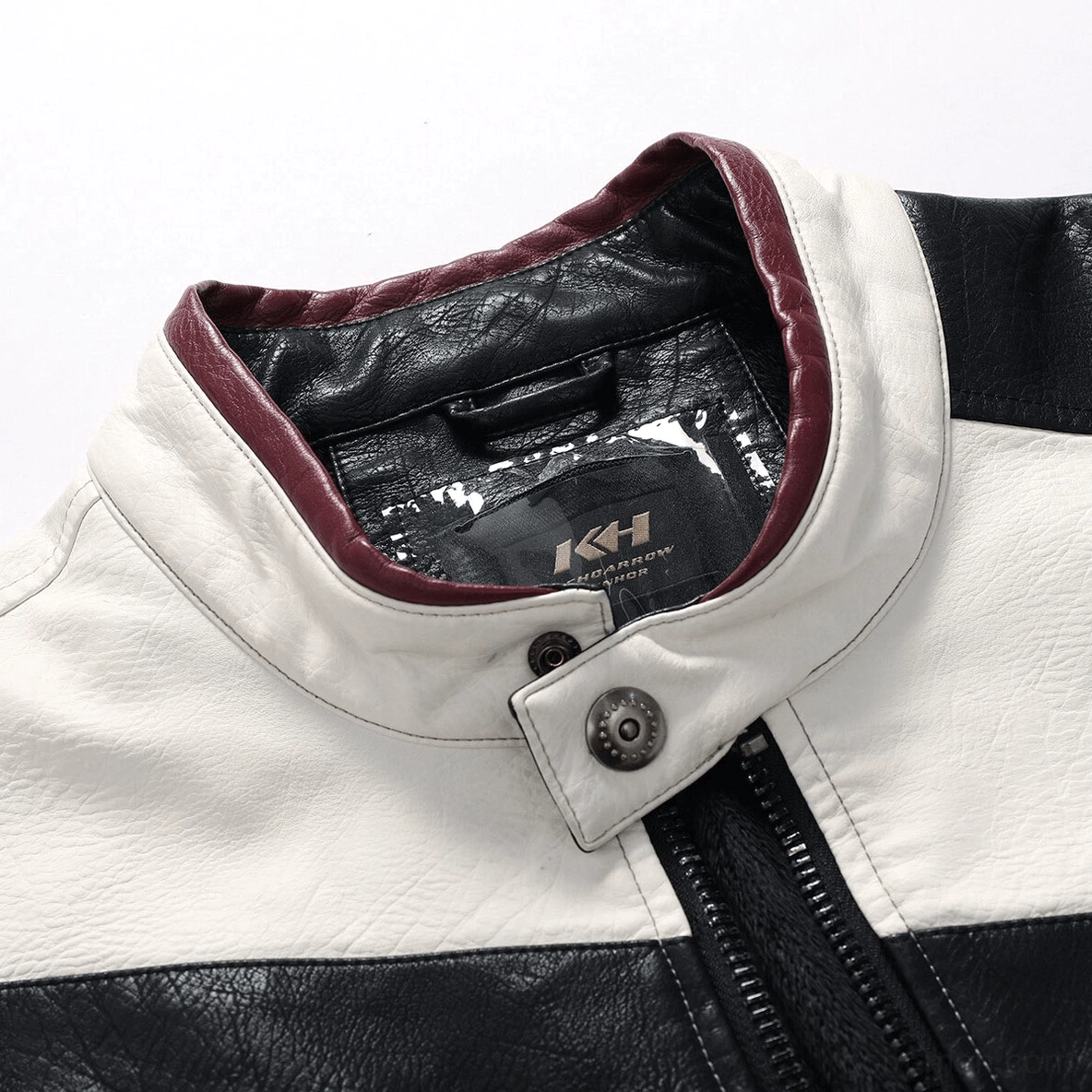 Mandarin collar and branded inner tag detail of gothic men's PU biker jacket
