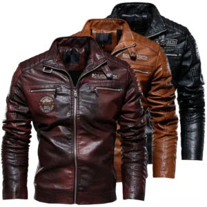 Multiple color variants of gothic biker PU leather jacket - wine red, brown, and black options displayed front view