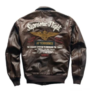 Gothic leather biker jacket rear view showing embroidered back detail and dark brown genuine leather construction
