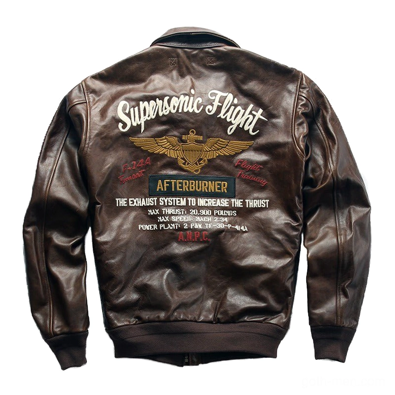 Gothic leather biker jacket rear view showing embroidered back detail and dark brown genuine leather construction