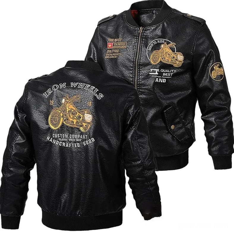 Born to Ride gothic embroidered biker jacket front and back view, black faux leather with iron wheels motorcycle embroidery design