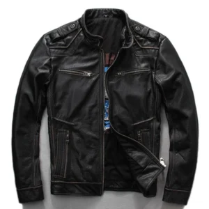 Black leather motorcycle biker jacket front open view with stand collar and zipper pockets