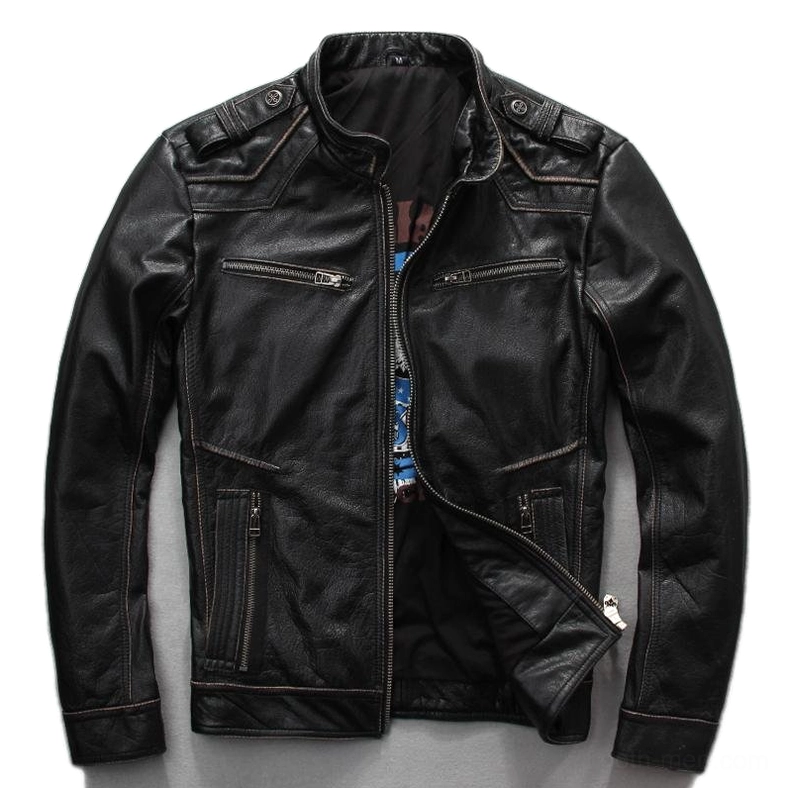 Black leather motorcycle biker jacket front open view with stand collar and zipper pockets
