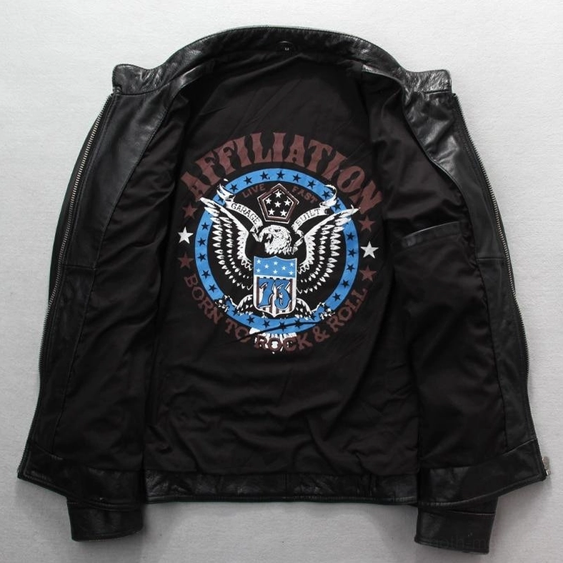Black cowhide leather jacket interior lining with printed eagle graphic and text