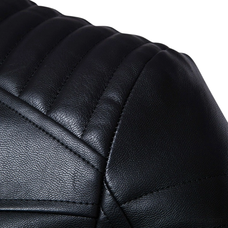 Close-up detail of quilted shoulder panel on black PU leather jacket showing fine stitching