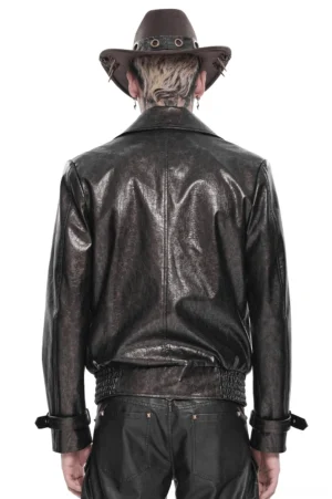 Brown leather punk biker jacket rear back view showing elasticated waistband and adjustable cuff straps